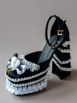 Sweet Lolita Shoes Light Green Bow Ruffles PU Leather Chunky Heel Lolita Pumps