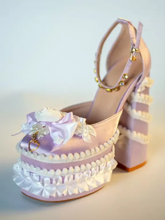 Sweet Lolita Shoes Light Green Bow Ruffles PU Leather Chunky Heel Lolita Pumps