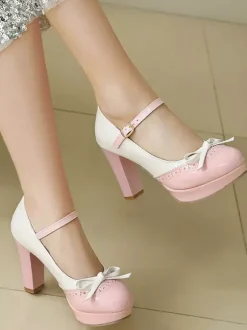 Sweet Lolita Shoes Mary Janes Red Bows PU Leather Chunky Heel Lolita Pumps