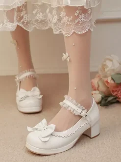 Sweet Lolita Shoes Pink Bows PU Leather Chunky Heel Lolita Pumps