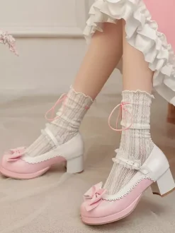Sweet Lolita Shoes Pink Bows PU Leather Chunky Heel Lolita Pumps