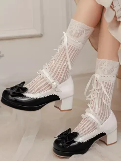Sweet Lolita Shoes Pink Bows PU Leather Chunky Heel Lolita Pumps