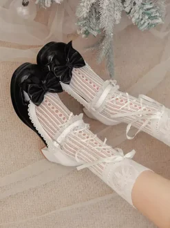 Sweet Lolita Shoes Pink Bows PU Leather Chunky Heel Lolita Pumps