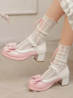Sweet Lolita Shoes Pink Bows PU Leather Chunky Heel Lolita Pumps