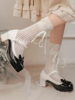 Sweet Lolita Shoes Pink Bows PU Leather Chunky Heel Lolita Pumps