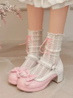 Sweet Lolita Shoes Pink Bows PU Leather Chunky Heel Lolita Pumps