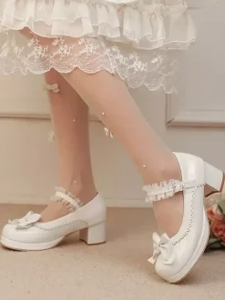 Sweet Lolita Shoes Pink Bows PU Leather Chunky Heel Lolita Pumps