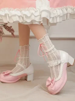 Sweet Lolita Shoes Pink Bows PU Leather Chunky Heel Lolita Pumps