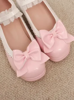 Sweet Lolita Shoes Pink Bows PU Leather Chunky Heel Lolita Pumps