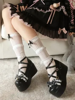 Sweet Lolita Shoes Pink Bows Lace Round Toe PU Leather Platform Lolita Pumps