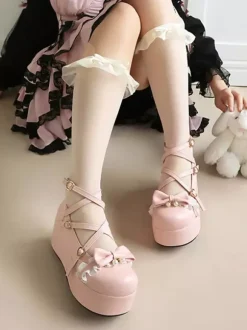 Sweet Lolita Shoes Pink Bows Lace Round Toe PU Leather Platform Lolita Pumps