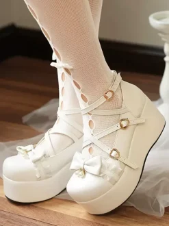 Sweet Lolita Shoes Pink Bows Lace Round Toe PU Leather Platform Lolita Pumps