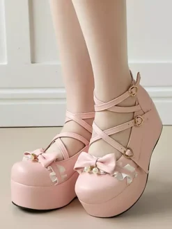 Sweet Lolita Shoes Pink Bows Lace Round Toe PU Leather Platform Lolita Pumps