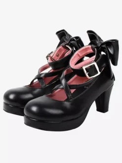 Sweet Lolita Shoes Platform Heels Bow Round Toe Cross Front Lolita Pumps