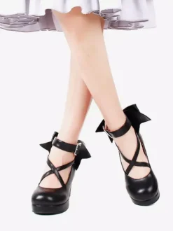 Sweet Lolita Shoes Platform Heels Bow Round Toe Cross Front Lolita Pumps