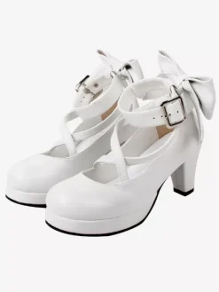 Sweet Lolita Shoes Platform Heels Bow Round Toe Cross Front Lolita Pumps