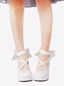 Sweet Lolita Shoes Platform Heels Bow Round Toe Cross Front Lolita Pumps
