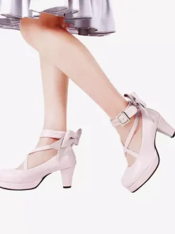 Sweet Lolita Shoes Platform Heels Bow Round Toe Cross Front Lolita Pumps