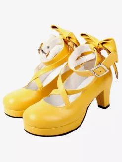 Sweet Lolita Shoes Platform Heels Bow Round Toe Cross Front Lolita Pumps