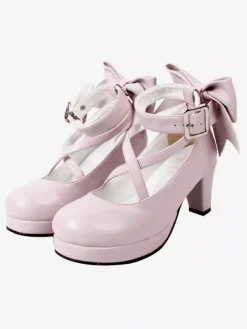 Sweet Lolita Shoes Platform Heels Bow Round Toe Cross Front Lolita Pumps
