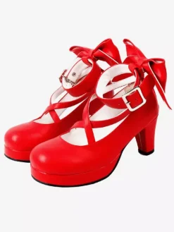 Sweet Lolita Shoes Platform Heels Bow Round Toe Cross Front Lolita Pumps