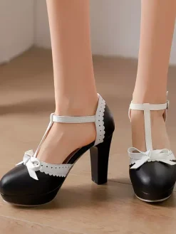 Sweet Lolita Shoes Red Bows PU Leather Chunky Heel Lolita Pumps