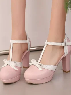 Sweet Lolita Shoes Red Bows PU Leather Chunky Heel Lolita Pumps