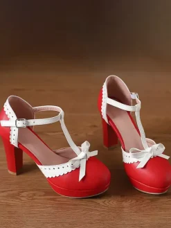 Sweet Lolita Shoes Red Bows PU Leather Chunky Heel Lolita Pumps