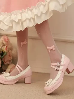 Sweet Lolita Shoes Rose Bows PU Leather Chunky Heel Color Block Lolita Shoes
