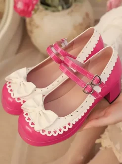 Sweet Lolita Shoes Rose Bows PU Leather Chunky Heel Color Block Lolita Shoes