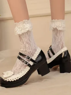Sweet Lolita Shoes Rose Bows PU Leather Chunky Heel Color Block Lolita Shoes