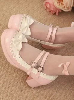 Sweet Lolita Shoes Rose Bows PU Leather Chunky Heel Color Block Lolita Shoes