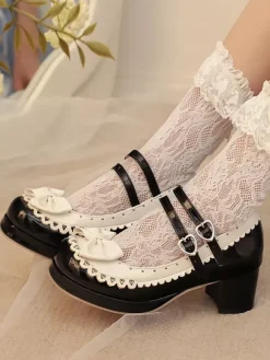 Sweet Lolita Shoes Rose Bows PU Leather Chunky Heel Color Block Lolita Shoes