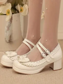 Sweet Lolita Shoes Rose Bows PU Leather Chunky Heel Color Block Lolita Shoes