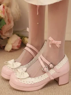 Sweet Lolita Shoes Rose Bows PU Leather Chunky Heel Color Block Lolita Shoes