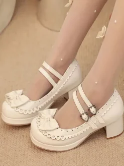 Sweet Lolita Shoes Rose Bows PU Leather Chunky Heel Color Block Lolita Shoes