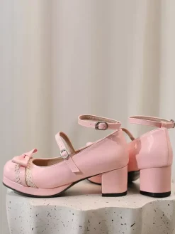 Sweet Lolita Shoes Violet Bows Lace Patent Leather Chunky Heel Lolita Pumps
