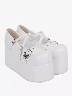 Sweet Lolita Shoes White Grommets PU Leather Side Buckle Platform Lolita Pumps