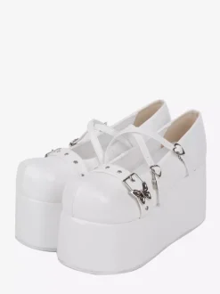 Sweet Lolita Shoes White Grommets PU Leather Side Buckle Platform Lolita Pumps