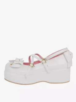 Sweet Lolita Shoes White Bows PU Leather Wedge Heel Lolita Pumps