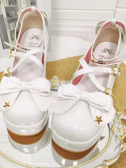 Sweet Lolita Shoes White Bows PU Leather Wedge Heel Lolita Pumps