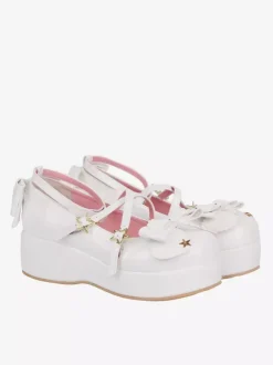 Sweet Lolita Shoes White Bows PU Leather Wedge Heel Lolita Pumps