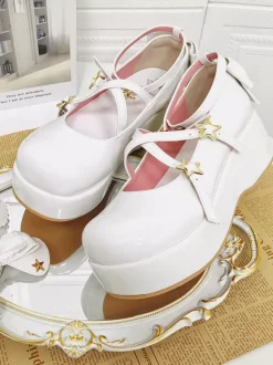 Sweet Lolita Shoes White Bows PU Leather Wedge Heel Lolita Pumps