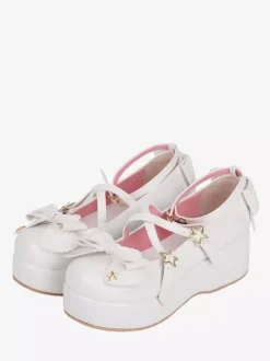 Sweet Lolita Shoes White Bows PU Leather Wedge Heel Lolita Pumps
