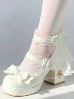 Sweet Lolita Shoes White Back Lace Bows PU Leather Chunky Heel Lolita Pumps
