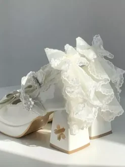 Sweet Lolita Shoes White Back Lace Bows PU Leather Chunky Heel Lolita Pumps