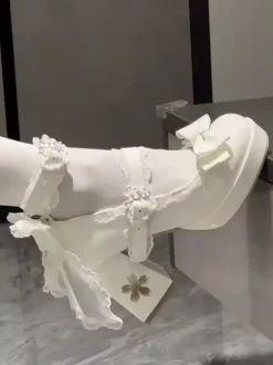 Sweet Lolita Shoes White Back Lace Bows PU Leather Chunky Heel Lolita Pumps