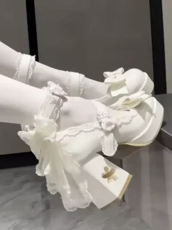 Sweet Lolita Shoes White Back Lace Bows PU Leather Chunky Heel Lolita Pumps