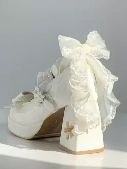 Sweet Lolita Shoes White Back Lace Bows PU Leather Chunky Heel Lolita Pumps