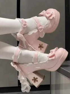 Sweet Lolita Shoes White Back Lace Bows PU Leather Chunky Heel Lolita Pumps